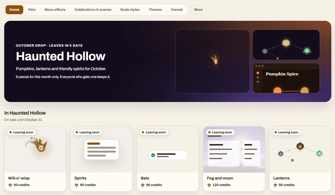 The Shop in the VibeStudio app: the October drop, Haunted Hollow, with prices in credits.